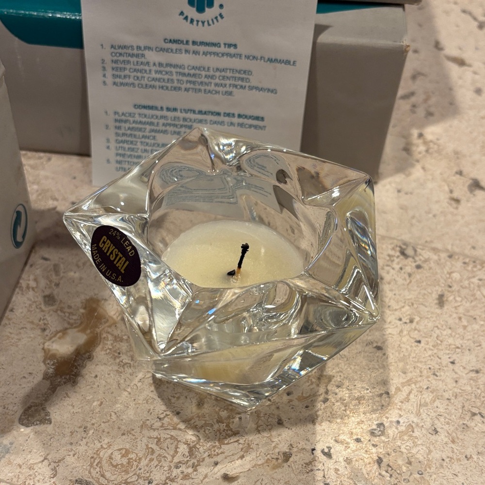 PartyLite Clear Crystal Starcut Candle Holder with Ivory Candle